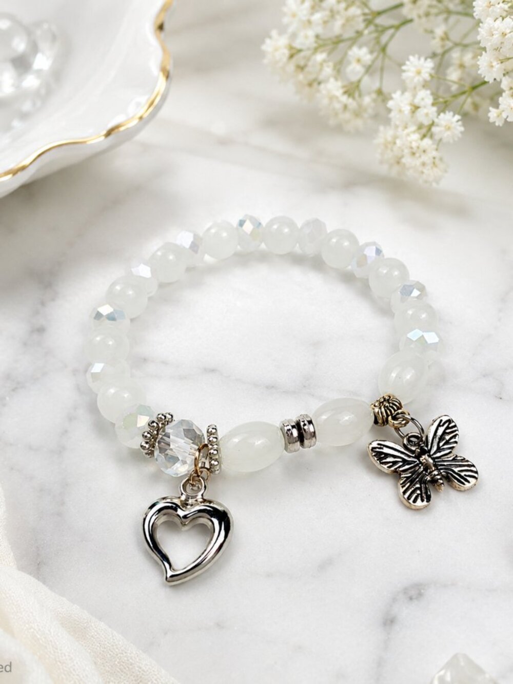 White Beaded Bracelet With Silver Tone Butterfly & Heart Charms Stretch Band Ele